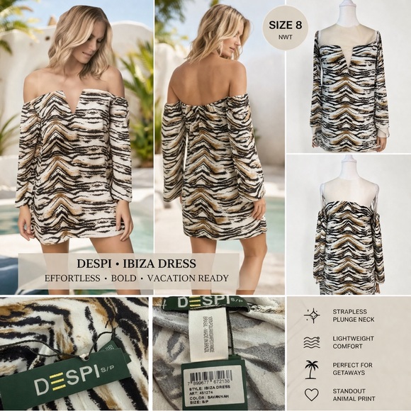 Despi Dresses & Skirts - Despi Ibiza Dress NWT Size 8 Animal Print Off Shoulder Mini Resort Vacation